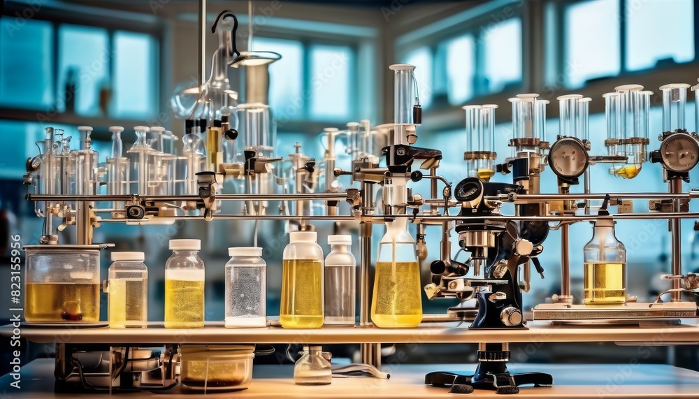 A detailed laboratory setup featuring a variety of scientific equipment and chemicals under bright lighting, showcasing an array of glassware and instruments.. AI Generation A detailed laboratory setup featuring a variety of scientific equipment and chemicals under bright lighting, showcasing an array of glassware and instruments.. AI Generation