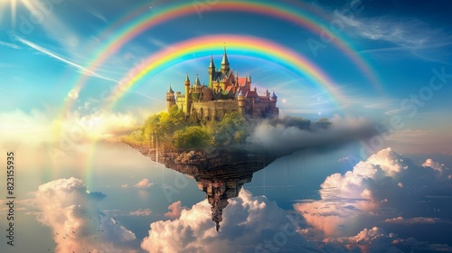 Fantasy floating castle island with double rainbow in a magical, dreamy sky, surrounded by clouds and vibrant light.