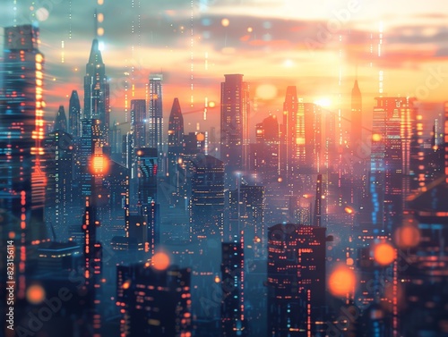 Futuristic city skyline at sunset with digital overlays  highlighting technology  innovation  and urban advancement. Vibrant and dynamic atmosphere.