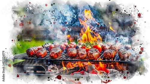 Juicy steaks sizzling on a flaming barbecue grill in an artistic, watercolor style image with vibrant colors and smoky atmosphere.
