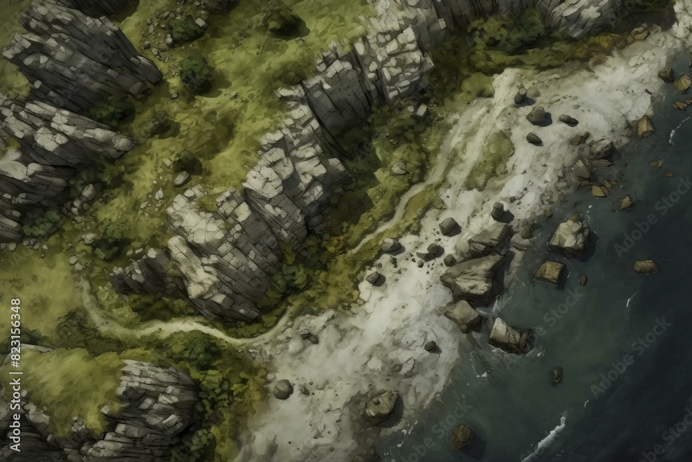 DnD Battlemap Windswept Cliff Path: Moody coastal path with rocks and waves.