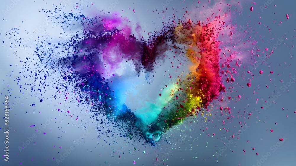 Obraz premium Colorful powder heart explosion on grey background