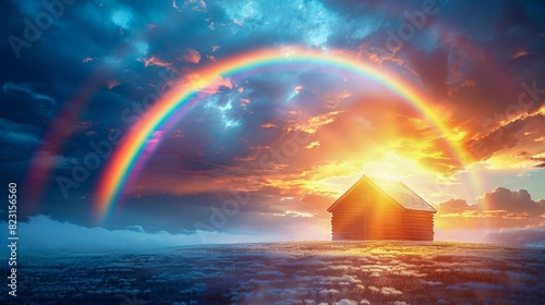 Stunning sunset over ocean with a vibrant rainbow arching over a solitary house, creating a picturesque scene of tranquility and hope. photo