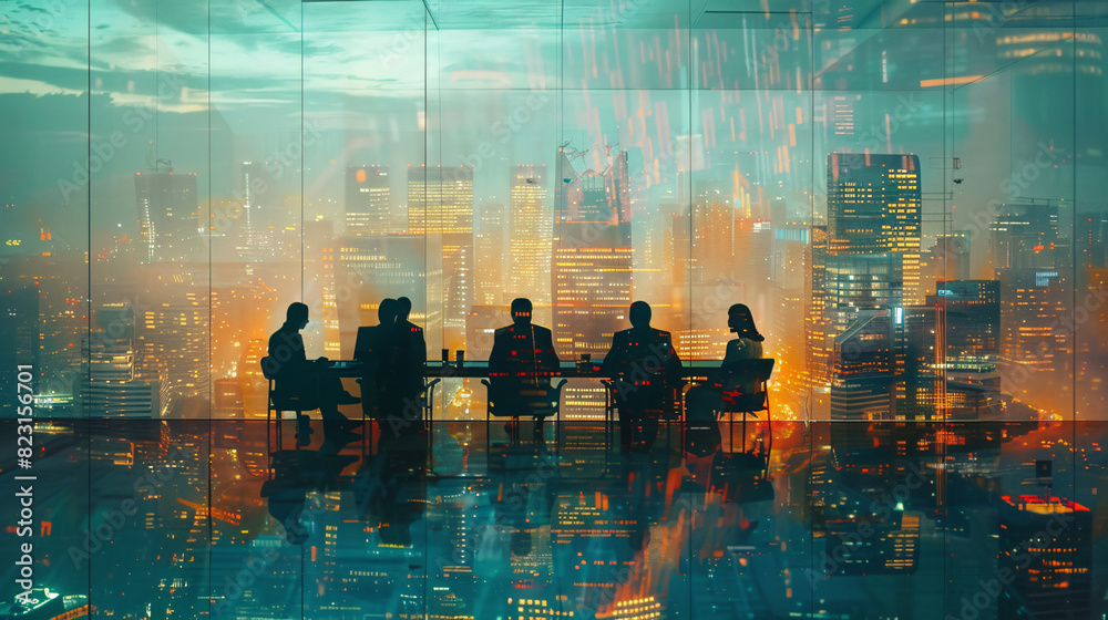 Corporate team in a conference room, discussing financial reports with cityscape overlay Corporate team in a conference room, discussing financial reports with cityscape overlay