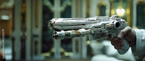 AI-generated Anamorphic 4K cinematic scene featuring futuristic high-tech pistol with sleek metallic design held in professional indoor setting. Dramatic lighting creates modern science fiction weapon