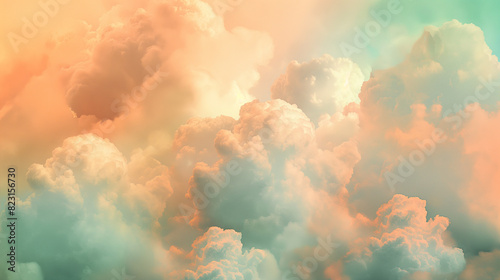 Background of Renaissance Clouds Painting: Pastel Mint Green & Peach, Mid-Morning Soft Dreamy Light © GoonDuLagoon