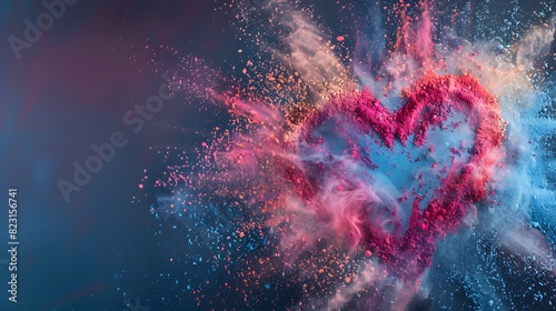 Colorful Heart-Shaped Powder Explosion on Grey Background photo