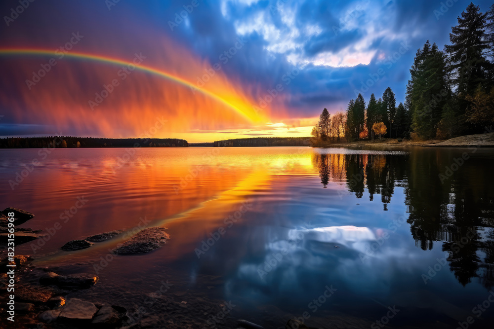 Majestic Rainbow Over Tranquil Lake Sunset
