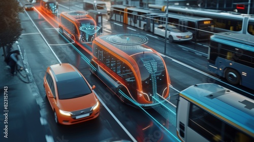 Render of smart buses and cars with interactive displays on a busy urban street, highlighting cutting-edge public transportation solutions.