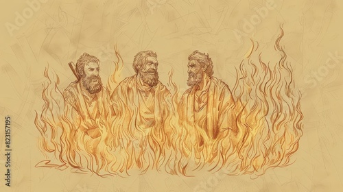 Unharmed Shadrach, Meshach, and Abednego in Fiery Furnace - Biblical Watercolor Art photo