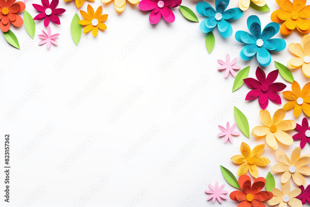 Colorful Paper Flowers Border on White Background