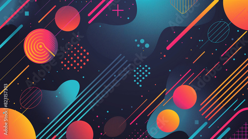 Abstract geometric art with vibrant circles, lines, and shapes in neon colors like pink, orange, yellow, and teal on a dark background.