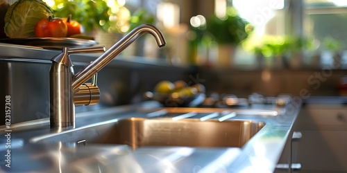 A spotless and gleaming stainless steel kitchen sink with a faucet up close. Concept Kitchen sink, Stainless steel, Faucet, Gleaming, Spotless photo