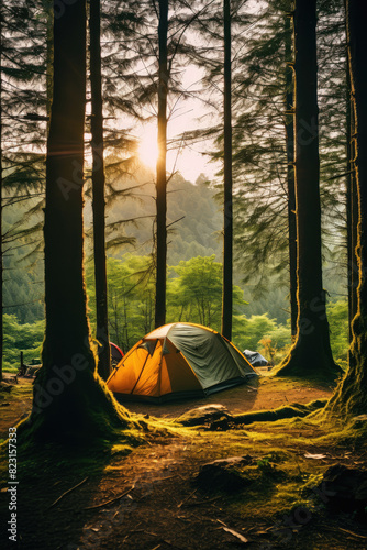 Sunset Camping in Serene Pine Forest Scene