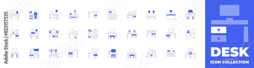 Desk icon collection. Duotone style line stroke and bold. Vector illustration. Containing desk, workspace, school desk, help desk, receptionist, absent, work table, office, workstation.