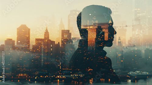 Double exposure of a man and futuristic city, symbolizing modern business and digital growth photo