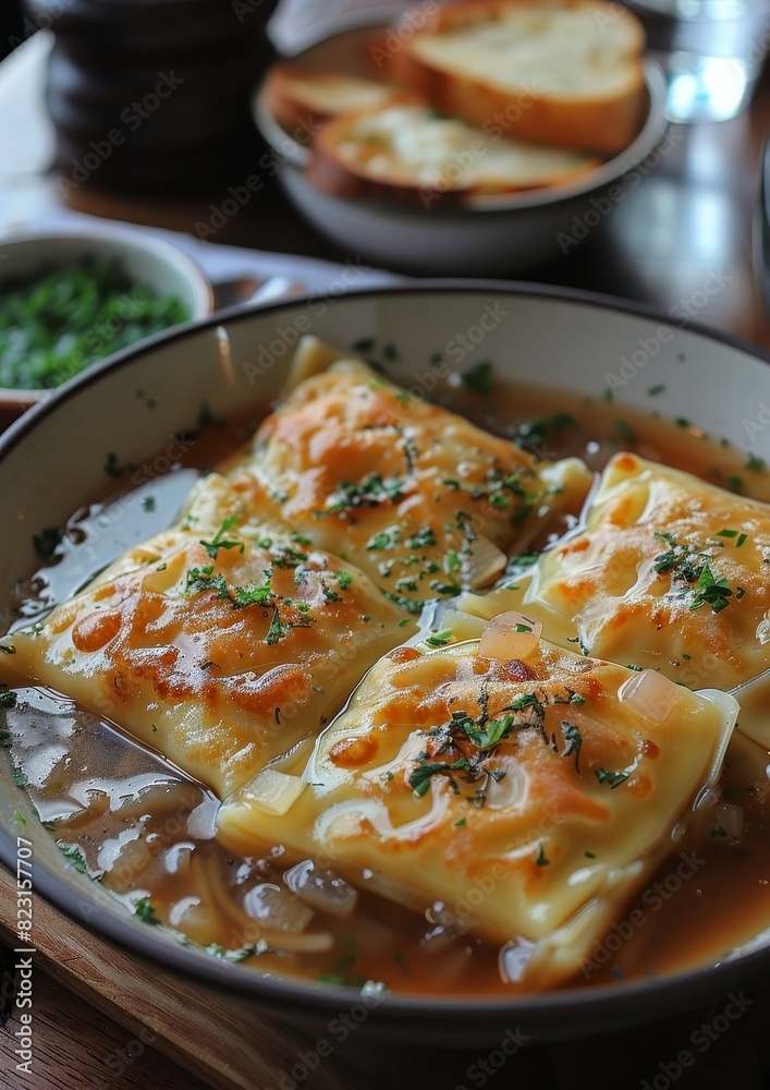 Maultaschen - Swabian ravioli filled with meat, spinach, and onions, served in broth Maultaschen - Swabian ravioli filled with meat, spinach, and onions, served in broth