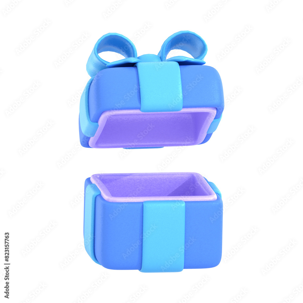 3d Render Isolated blue open gift box with pastel ribbon bow. 3d render flying modern holiday open surprise box. 3d Render Isolated blue open gift box with pastel ribbon bow. 3d render flying modern holiday open surprise box.