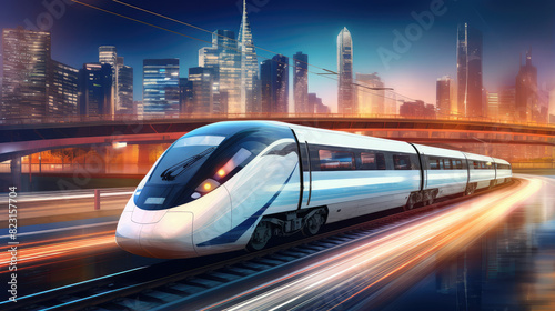 Futuristic High-Speed Train Racing Through Cityscape