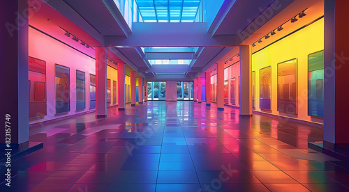 Interior view of a modern art museum after closing time. Large, colorful open gallery with bright lighting. Generative AI. photo