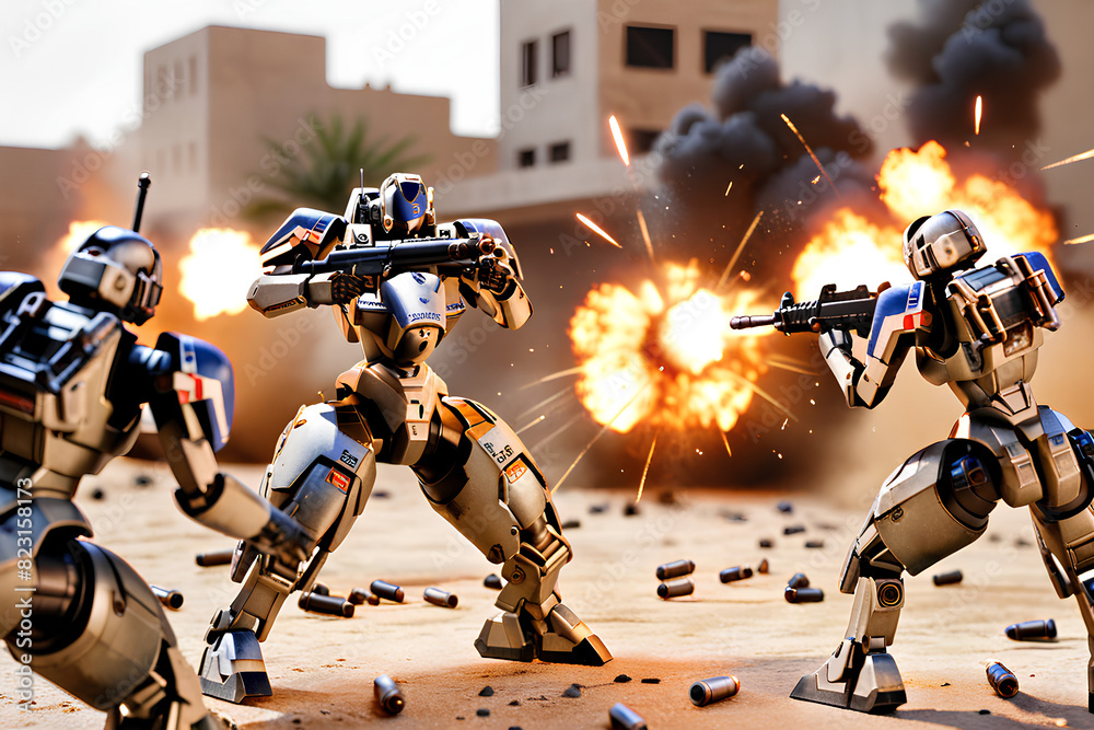 War robot holding gun in both hands, sci-fi, motion blur, reality, battle, explosion, shooting, dust, sparks. War robot holding gun in both hands, sci-fi, motion blur, reality, battle, explosion, shooting, dust, sparks.