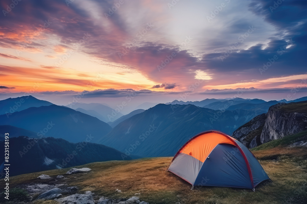 Serene Mountain Sunset with a Cozy Camping Tent
