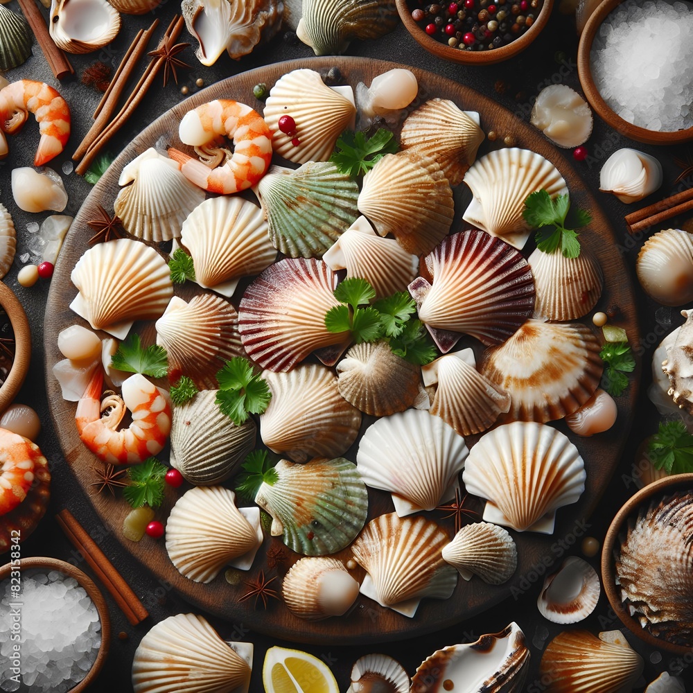 Raw scallop meat background. Raw scallop meat background.
