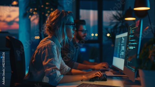 An attractive female coder works at her desktop on her personal computer while her male colleague sits next to her at the evening office. The office is lit in a creative way during the evening.