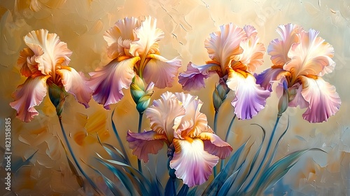Beautiful pastel-colored iris flowers in bloom. Digital artwork capturing the delicate petals. Perfect for a garden or floral theme. AI