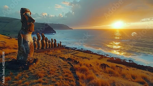 Ahu Tongariki's Monolithic Guardians American Archeologists Survey Easter Island's Impressive Row of Moai Reflecting Cultural Spiritual Significance of Statues Unveiling Clues Rapa Nui's Ancient Civil photo