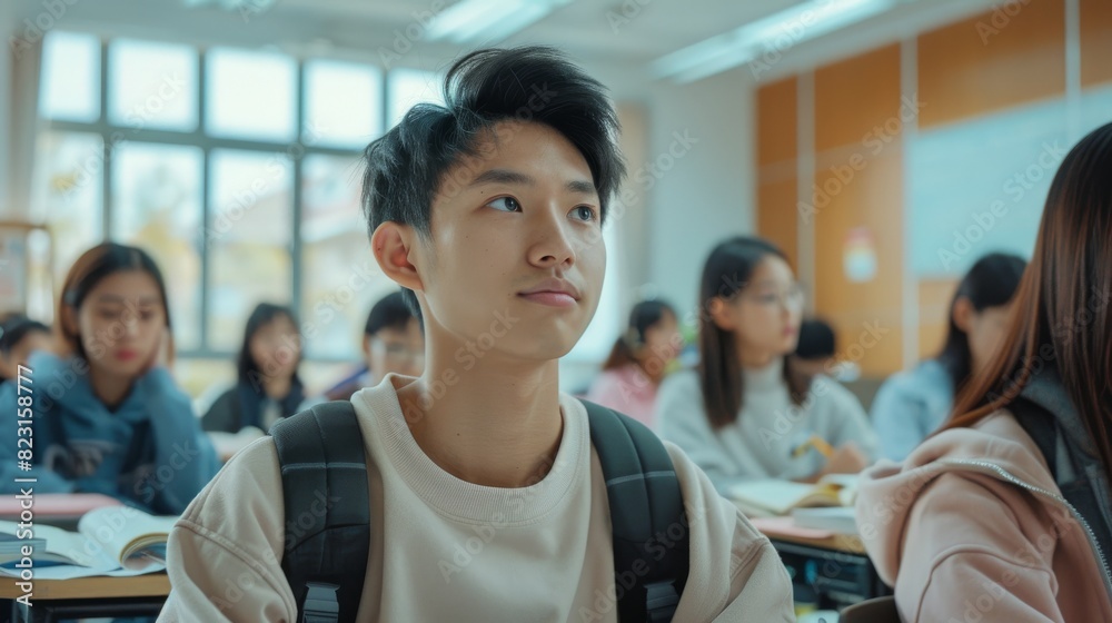 Young Asian Man in the Classroom Attending a Lecture while Taking Notes. Young Bright People Taking Notes While Attending a Lecture. Young Asian Man in the Classroom Attending a Lecture while Taking Notes. Young Bright People Taking Notes While Attending a Lecture.