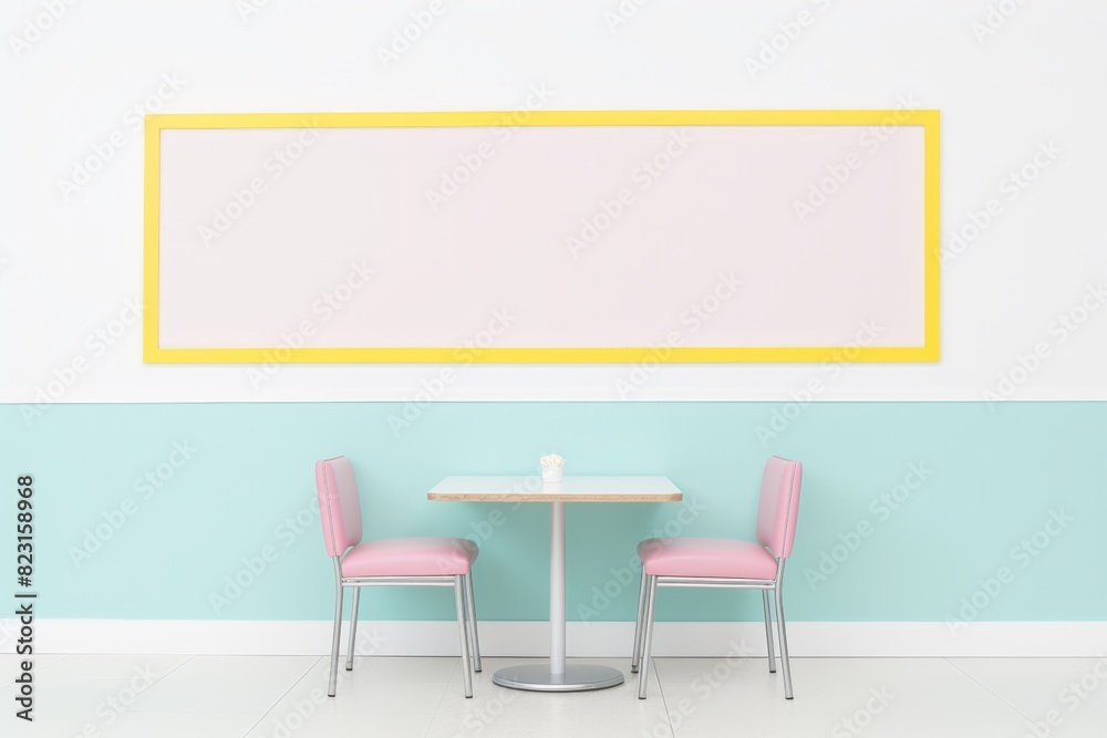 Fototapeta premium Minimalistic cafe interior with pastel-colored walls, two pink chairs, and a small table in a clean, modern setting.