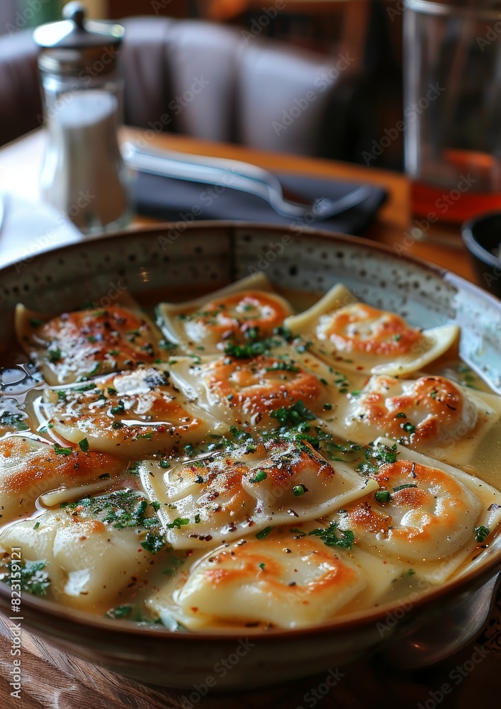 Maultaschen - Swabian ravioli filled with meat, spinach, and onions, served in broth Maultaschen - Swabian ravioli filled with meat, spinach, and onions, served in broth