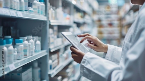 A pharmacist using a tablet to remotely access the AI system and manage inventory levels while away from the pharmacy. photo