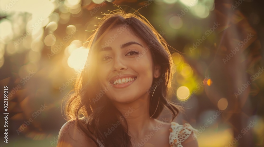 Beautiful Hispanic Woman Smiling Charmingly As She Steps Into Focus.