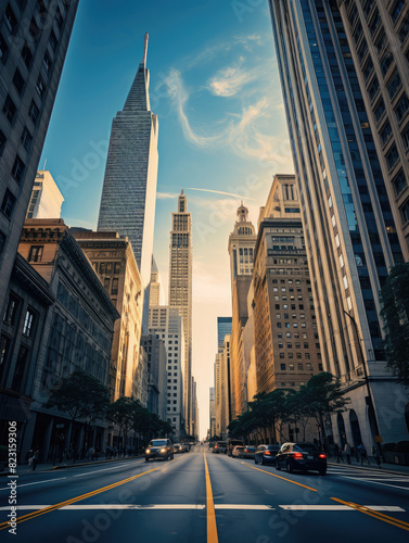 Bustling City Street Amidst Towering Skyscrapers