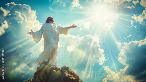 Jesus standing with rays and clouds in the background, cinematic scene