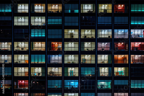 Modern Office Building Windows Illuminated at Night