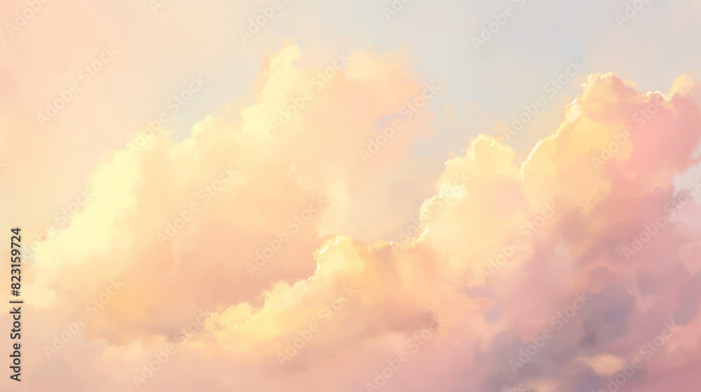 Baground of Renaissance cloud Sky Painting: Pastel White & Yellow Clouds, Late Afternoon Dreamy Light