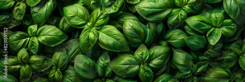 Many fresh Basil leaves texture background, fragrant spices pattern, Ocimum basilicum mockup, great basil photo