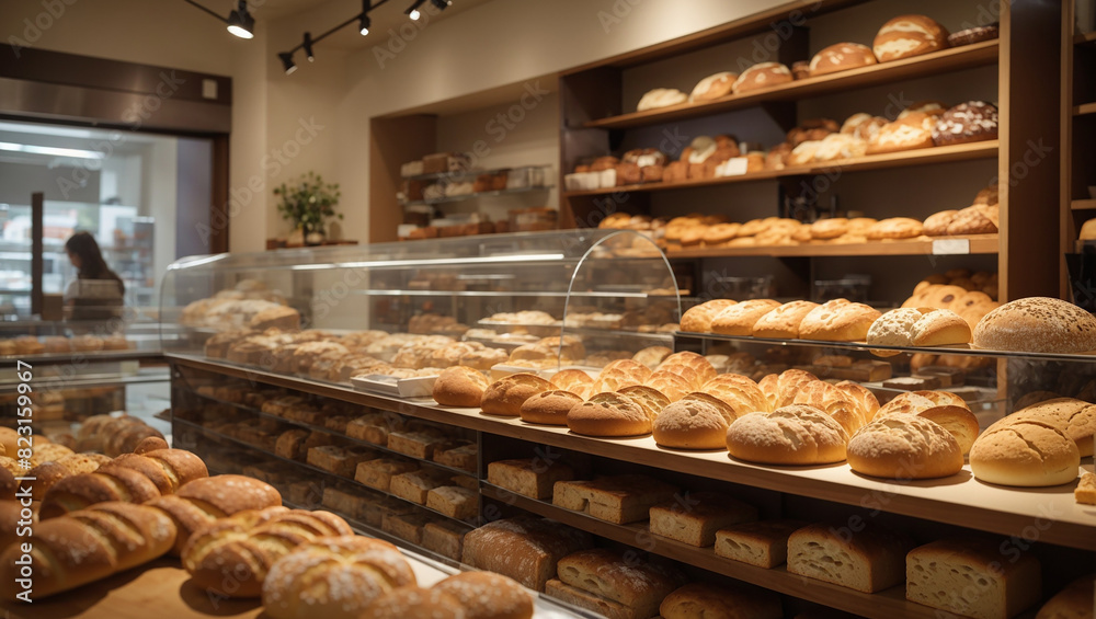 The image is of a bakery. There are many loaves of bread on shelves and a counter.

