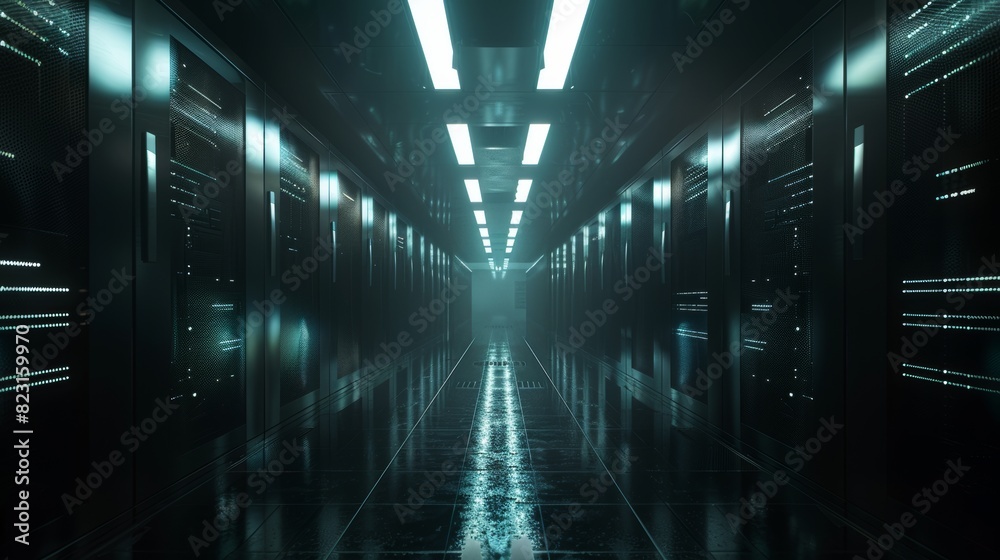 The dark modern data center consists of rows of operating server racks. The picture shows modern hi-tech concepts such as cloud computing, artificial intelligence, supercomputers, and cybersecurity.