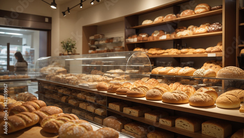 The image is of a bakery. There are many loaves of bread on shelves and a counter.

 photo