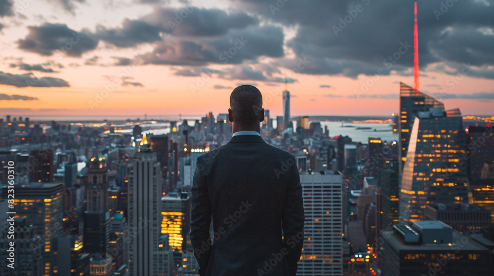 Entrepreneur in front of a city skyline, representing modern business and innovation Entrepreneur in front of a city skyline, representing modern business and innovation