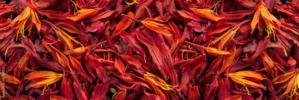 Fototapeta premium Saffron texture background, crocus sativus flowers pattern, dry herbal petals banner, aromatic herbs