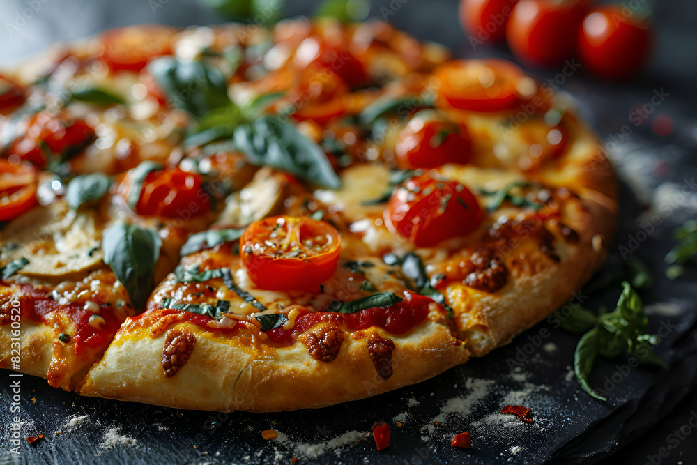 Pizza with mozzarella cheese. cherry tomatoes and basil. Pizza with mozzarella cheese. cherry tomatoes and basil.