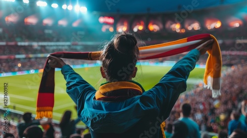 View of football, soccer fans with colorful scarves cheering for their team at crowded stadium at evening time. Concept of sport, support, competition. Out of focus effect.
