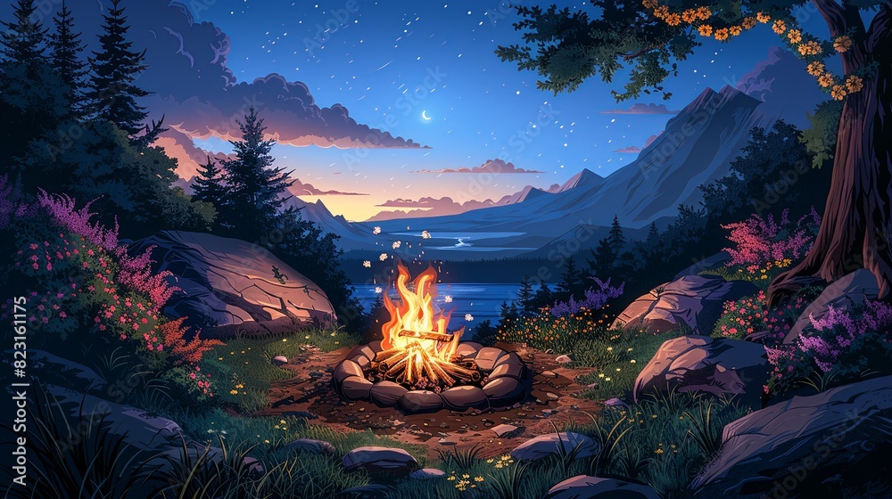 Spring Campfire Background Summer Time, Campfire Gathering with Flower Garland: An illustration of ...