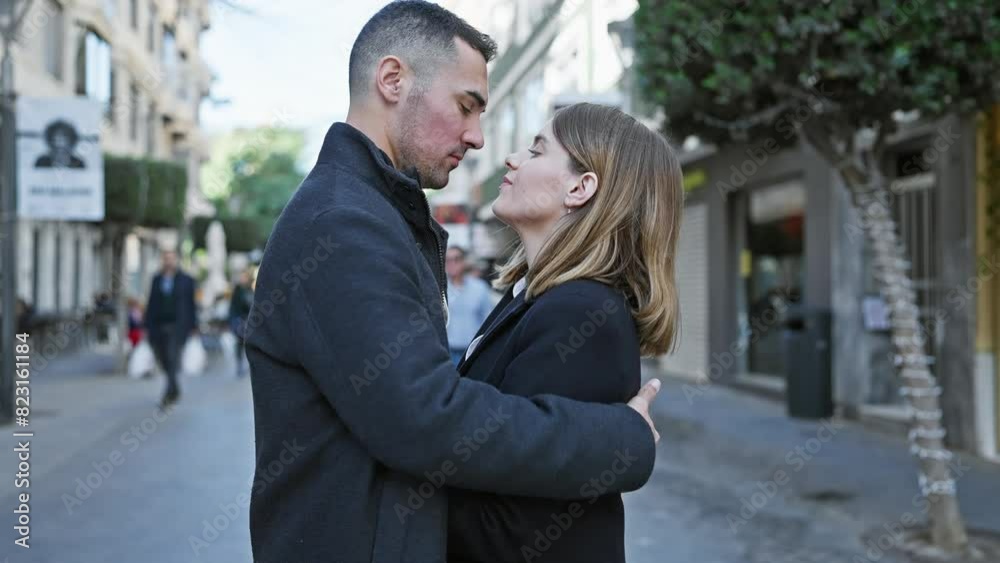 A loving couple embraces on a vibrant urban street, conveying a sense of intimacy and connection amidst the city bustle. A loving couple embraces on a vibrant urban street, conveying a sense of intimacy and connection amidst the city bustle.
