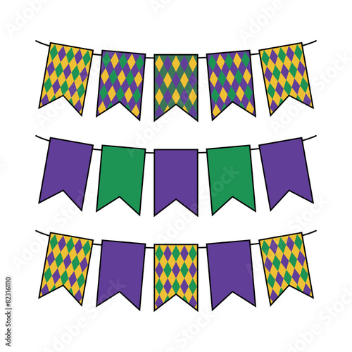 A garland of flags in the colors of the Mardi Gras holiday. A fun carnival. The Tuesday before Ash Wednesday. Vector illustration isolated on a white background for design and web.